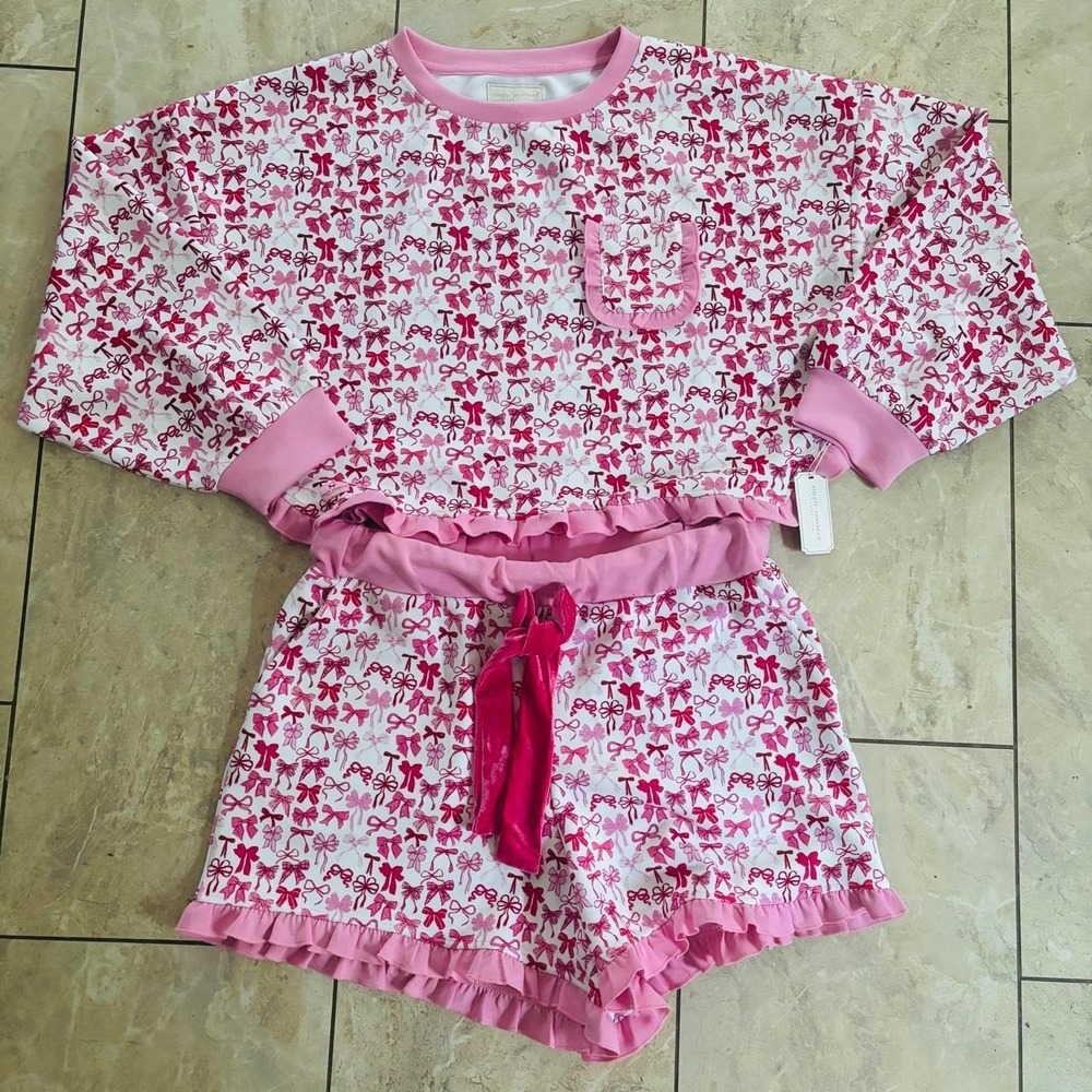 Simply Southern Pink White Bow Print Ruffle Pajama Lounge Set Women Large NEW
